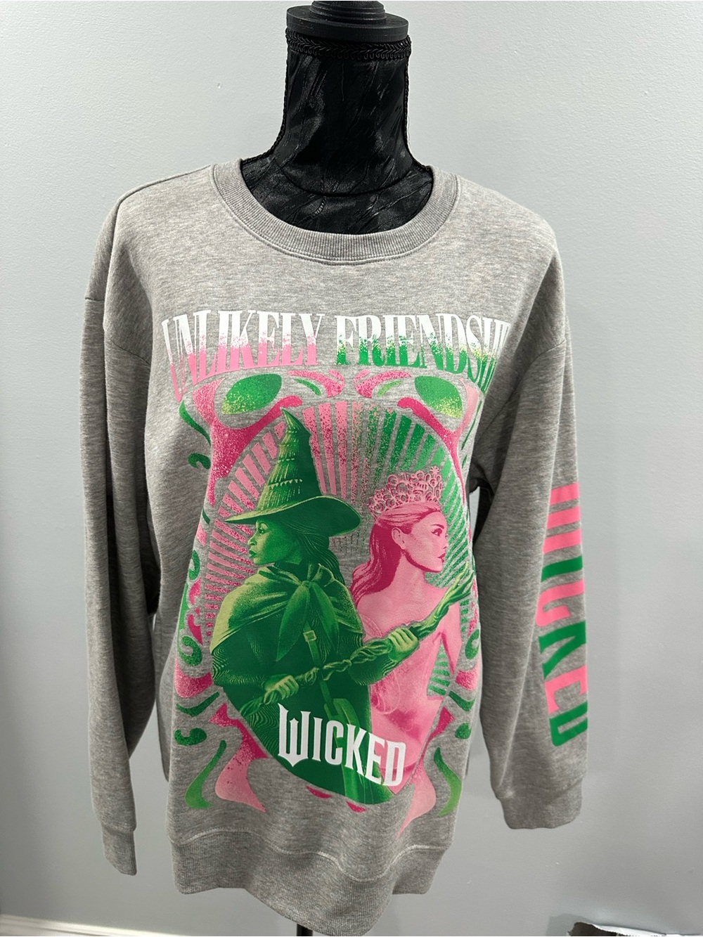 Wicked Friends Oversized Crewneck Sweatshirt - Gray with Pink & Green Graphic
